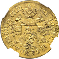 Lot 1016: Czar Peter I. Ducat 1712, Red Mint. Extremely rare. NGC XF 45. Estimate: 20’000 CHF.