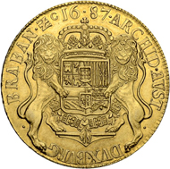 Lot 3142: Belgium. Flanders. Charles II. 8 Souverain d’or 1687, Bruges. Very rare and magnificently conserved coin. Extremely fine-uncirculated. Estimate: 30,000 CHF.