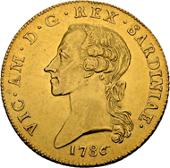Lot 3482: Italy, Savoy/Sardinia. Vittorio Amedeo III. Carlino da 5 Doppie 1786. Turin. Very rare coin in better than average condition. Extremely rare-uncirculated. Estimation 35’000 CHF.