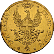 Lot 3482: Italy, Savoy/Sardinia. Vittorio Amedeo III. Carlino da 5 Doppie 1786. Turin. Very rare coin in better than average condition. Extremely rare-uncirculated. Estimation 35’000 CHF.
