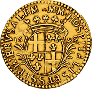 Lot 3615: Malta, Adrien de Wignacourt. 4 Zecchini 1695. La Valetta. Of highest rarity. Extremely fine. Estimate: 35’000 CHF.