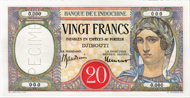 Lot 7163: French Territories/Somaliland. 20 Francs o. J. Specimen. Extremely rare and very attractive. Estimate: 1’000 CHF.