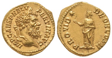 Lot 96: Pertinax, 193. Aureus, Rome, 193. Extremely fine. Estimate: 30,000,- euros.