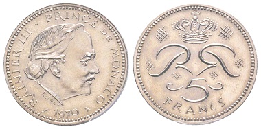 Lot 205: Monaco. Rainier, 1949-2005. 1st prototype for the 5 francs piece, 1970, Nickel. 5 specimens struck. Graded PCGS SP67. Estimate: 7,000,- euros.