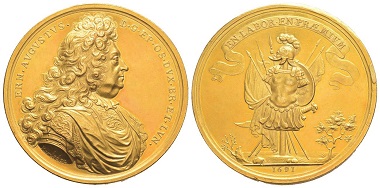 Lot 220: Germany. Osnabrück. Ernst August, Bishop 1662-1698. Gold medal of 50 ducats 1691 by Arvid Karlsteen. Extremely fine. Estimate: 15,000,- euros.