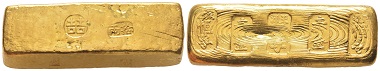 Lot 300: China. Qing-dynasty, 1644-1911. Gold ingot, no date, Tientsien. Extremely rare. Extremely fine. Estimate: 28,000,- euros.