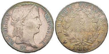 Lot 477: France. Napoleon. 5 francs, Paris, 1815 A. Rare. Extremely fine. Estimate: 3,000,- euros.