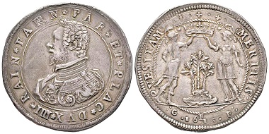Lot 980: Italy / Parma. Ranuccio I Farnese, 1592-1622. Doppio ducatone, 1615. Very rare. Very fine+. Estimate: 18,000,- euros.