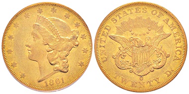 Lot 1329: USA. 20 dollars, New Orleans 1861. Very rare. Graded PCGS AU53. Estimate: 10,000,- euros.