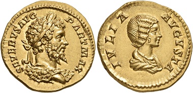 Los 244: Septimius Severus, 193-211. Aureus, 201. Virtually as struck. Estimate: 30,000 CHF. Hammer price: 52,000 CHF.