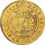 579 - Transylvania. John Kemeny, 1661-1662. 10 ducats 1661, Klausenburg. Only two specimens known on the market. Extremely fine. Estimate: CHF 100,000. Hammer price: CHF 170,000.