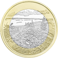 Averse and reverse of the five-euro coin series. The first image will be the same as on the earlier two-euro emission and also show Koli National Park.