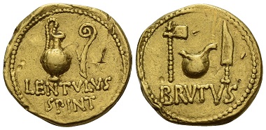 Lot 6: M. Junius Brutus with Cornelius Lentulus Spinther. Aureus, 43-42 B. C., mint moving with Brutus. Only five specimens known of which this is the only one in private hands. Good very fine / very fine. Estimate: 75,000 CHF.
