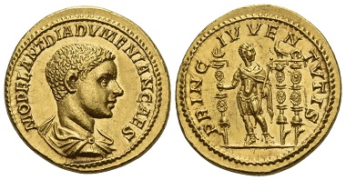 Lot 66: Diadumenianus as Caesar, 217-218. Aureus, late 217. Perfect FDC. Estimate: 150,000 CHF.