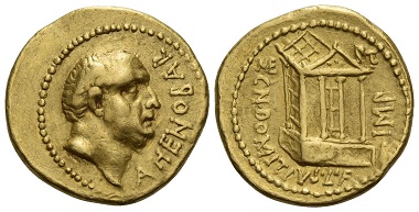 Lot 519: Cn. Domitius Ahenobarbus. Aureus, 41 B. C. moving mint. Nearly extremely fine / extremely fine. Estimate: 350,000 CHF.