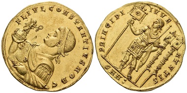 Lot 1069: Constantius II Caesar, 324-327. Medallion of 4,5 solidi, July 325, Nicomedia. Extremely fine. Estimate: 600,000 CHF.