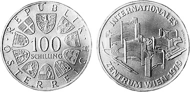 Austrian circulating commemorative coin of 1979 featuring a face value of 100 schillings.