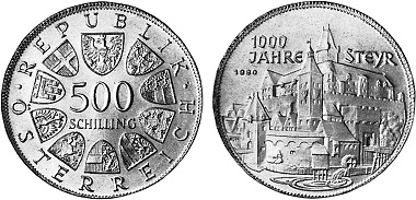 Austrian circulating commemorative coin of 1980 featuring a face value of 500 schillings.