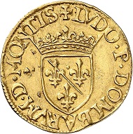 No. 727. France. Dombes. Louis II de Bourbon-Montpensier, 1560-1582. Écu d’or (demi pistole) 1577. Very rare. Very fine to extremely fine. Estimate: 4,000 euros.