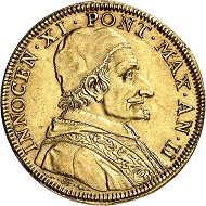 No. 798. Italy. Vatican. Innocent XI., 1676-1689. Quadrupla n. y., AN II (1677), Rome. Extremely rare. Almost extremely fine. Estimate: 30,000 euros.