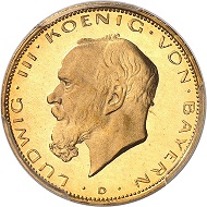 No. 2156. German Empire. Bavaria. Ludwig III, 1913-1918. 20 mark 1914. Only known specimen in this condition. PCGS PR66 D CAM. Proof. Estimate: 15,000 euros.
