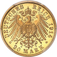 No. 2156. German Empire. Bavaria. Ludwig III, 1913-1918. 20 mark 1914. Only known specimen in this condition. PCGS PR66 D CAM. Proof. Estimate: 15,000 euros.