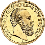 No. 2213. German Empire. Hesse. Ludwig IV, 1877-1892. 20 mark 1892. Proof. Estimate: 10,000 euros.