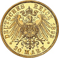 No. 2213. German Empire. Hesse. Ludwig IV, 1877-1892. 20 mark 1892. Proof. Estimate: 10,000 euros.