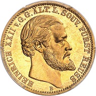 No. 2284. German Empire. Reuss Elder Line. Heinrich XXII, 1859-1902. 20 mark 1875. Showpiece of greatest rarity and finest grade! PCGS MS 66. First strike. FDC. Estimate: 50,000 euros.