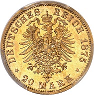 No. 2284. German Empire. Reuss Elder Line. Heinrich XXII, 1859-1902. 20 mark 1875. Showpiece of greatest rarity and finest grade! PCGS MS 66. First strike. FDC. Estimate: 50,000 euros.