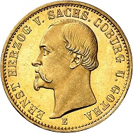 No. 2306. German Empire. Saxony - Coburg - Gotha. Ernst II., 1844-1893. 20 mark 1872. The rarest gold coin of the German Empire in outstanding grade, the best known specimen to Heidelberger Münzhandlung! First strike. Estimate: 125,000 euros.