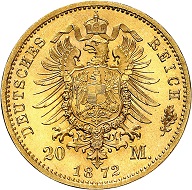 No. 2306. German Empire. Saxony - Coburg - Gotha. Ernst II., 1844-1893. 20 mark 1872. The rarest gold coin of the German Empire in outstanding grade, the best known specimen to Heidelberger Münzhandlung! First strike. Estimate: 125,000 euros.