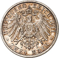No. 3133. German Empire. Saxony - Altenburg. Charles Edward, 1900-1918. 2 mark 1911. On occasion of the hereditary prince’s baptism. Only 100 specimens minted. With Paproth-expertise. FDC. Estimate: 10,000 euros.