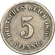 No. 2950. German Empire. 5 pfennig 1896 G. Only few specimens known! With Paproth-expertise. Almost very fine. Estimate: 3,000 euros.