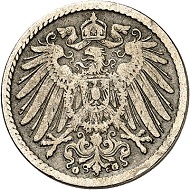 No. 2950. German Empire. 5 pfennig 1896 G. Only few specimens known! With Paproth-expertise. Almost very fine. Estimate: 3,000 euros.