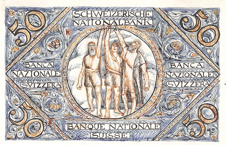 The painter from Neuchatel submitted two motifs for the back. This one features the Rütli Oath. Photo: Swiss National Bank.