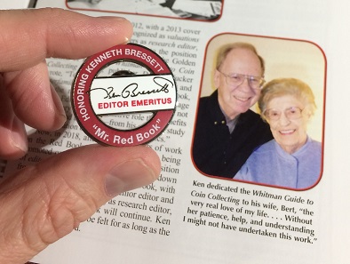 A pin made in the honor of Kenneth Bressett. The picture on the right shows him and his wife Bert.