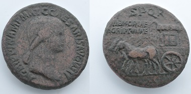 A brass coin with Agrippina on the averse and a horse cart on the reverse. The inscription reads MEMORIAE AGRIPPINAE. Source: Northeast Normal University.