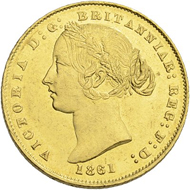 Lot 13: Australia, Sovereign 1861. Estimate: 800 CHF / Price realized: 2,500 CHF (excl. premium).