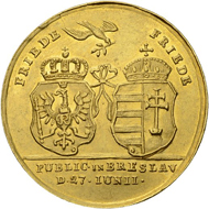 Lot 72: Brandenburg-Prussia, Frederick II. Gold medal of 5 ducats 1742, on the occasion of the Treaty of Breslau. Estimate: 5,000 CHF / Price realized: 11,000 CHF (excl. premium).
