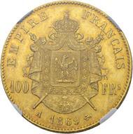 Lot 442: France, Napoleon III. 100 francs 1869 A (Paris). NGC MS65. Estimate: 7,500 CHF / Price realized: 16,000 CHF (excl. premium).