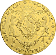 Lot 2624. Switzerland, Berne. 10 ducats 1681, Die engraver David Dick. Extremely rare. Ex Vogel collection (Auction A. Hess Nachf. Frankfurt / Main, Oct. 1928, Lot 5436). Estimate: 100,000 CHF / Price realized: 190,000 CHF (excl. premium).