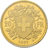 Lot 3322: Switzerland, Swiss Confederation. “Stirnlockenvreneli” 20 francs 1897 (with forelock). Extremely rare. Estimate: 80,000 CHF / Price realized: 130,000 CHF (excl. premium).