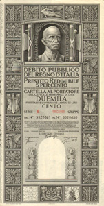 5% Regno D’Italia Prestito Redimibile, redeemable loan of the Kingdom of Italy, 1937. Illustrated is Victor Emmanuel III, flanked by two fasces. He ruled Italy from 1900 to 1946, Ethiopia from 1936 to 1941 and Albania from 1939 to 1943. During his reign Italian Fascism rose and perished.