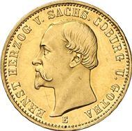 1496: Ernst II, 1844-1893. 20 Mark 1872. Splendid specimen. Rarest type of all coins of the German Empire. Estimate: 75,000 EUR. Hammer price: 130,000 EUR.