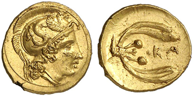 37: Kamarina (Sicily). 1 1/3 Litra, c. 410-405. Head of Athena with Attic helmet. Rev. Olive sprout with two olives. SNG ANS 1209. Av. small scratches, otherwise extremely fine. Estimate: 7,500 euros. Prize realized: 20,700 euros.