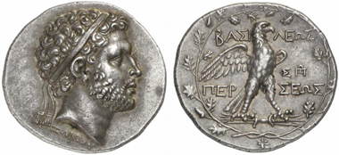 157: Perseus, 179-168 (Macedonia). Tetradrachm. Head with diadem r., below neck signature Zoilou. Rev. Eagle on thunderbolt in laurel wreath. Mamroth 15, 1. Ex Münzen und Medaillen 31 (2009), 29. Fine toning. Extremely fine. Estimate: 6,500 euros. Prize realized: 36,800 euros.