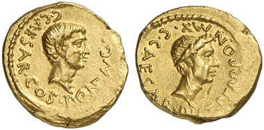 312: Roman Republic. Octavian. Aureus, 43 B. C., mint in Gallia Cisalpina. Head of Octavian r. Rev. Head of Julius Caesar. Cr. 490/2. Bought in September 1956 at Ludwig Grabow, Berlin. Good very fine. Estimate: 25,000 euros. Prize realized: 172,500 euros.