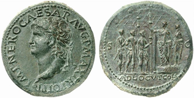 327: Roman Imperial Times. Nero, 54-68. Sestertius, Lugdunum, 67. Rev. Nero with praetorian prefect l. standing on pedestal addressing three praetorians. RIC 565. Original, dark-green patina. Good extremely fine. Estimate: 30,000 euros. Prize realized: 74,750 euros.