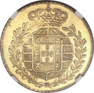 Joao VI (as King) gold 6400 Reis 1822-R, KM328, AU58 NGC, nicely struck with lustrous surfaces. Estimate: $80,000 - $100,000. Realized: $138,000.